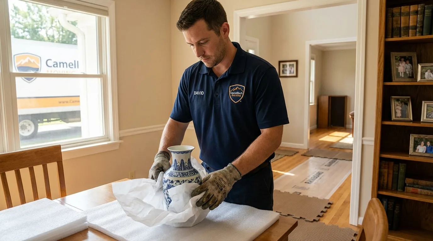 Professional crew carefully wrapping antique vase for senior downsizing move in Kapaau, HI